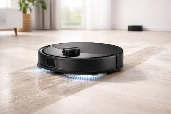Un robot aspirador negro con luces azules limpia un suelo de madera. Así es como funciona un robot aspirador.