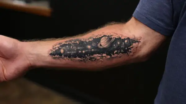 Tatuaż kosmos na przedramieniu: Saturn, planety i gwiazdy w czerni i bieli.