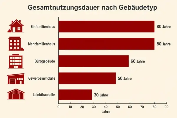 Balkendiagramm zeigt die Lebensdauer von Gebäuden. Einfamilienhäuser und Mehrfamilienhäuser haben die längste Lebensdauer von 80 Jahren.