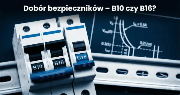 Bezpieczniki B10 i B16 na szynie DIN, obok schematu. Kluczowe dla obciążalności przewodu 3x2.5.