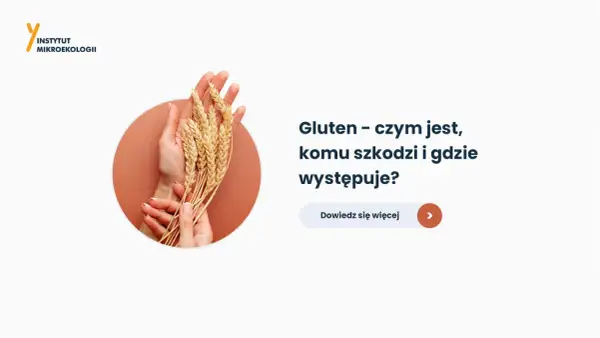 Dłonie trzymające kłosy zbóż. Tekst: "Gluten - czym jest, komu szkodzi i gdzie występuje?". Dowiedz się więcej.