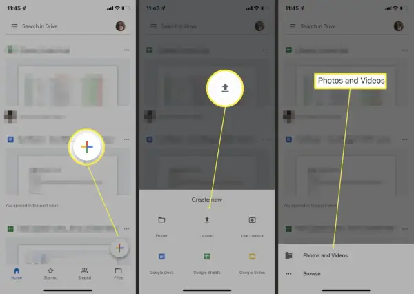 Tap "Photos and Videos" to add them to Google Drive. The interface shows options to upload files.