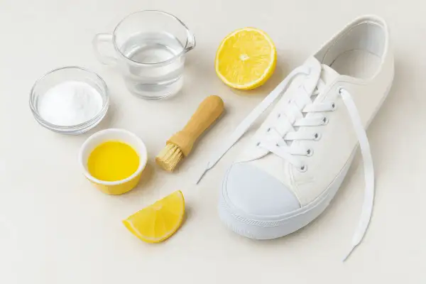 Tutto l'occorrente per scoprire come lavare le Converse bianche: bicarbonato, limone, acqua, spazzolino e una scarpa.
