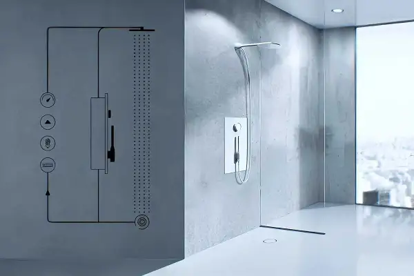 Schéma d'une douche moderne avec un système de douche recyclage eau. L'image montre le fonctionnement d'une douche à effet pluie et d'une douchette, avec des icônes pour le contrôle de la température et du débit.