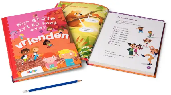 Drie boeken, waaronder een AVI plus boek over vrienden, met illustraties van kinderen en dieren.
