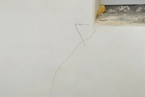 Grieta fina en pared de yeso, indicando la necesidad de reparar grietas por asentamiento. Se observa una marca de lápiz cerca de la grieta.