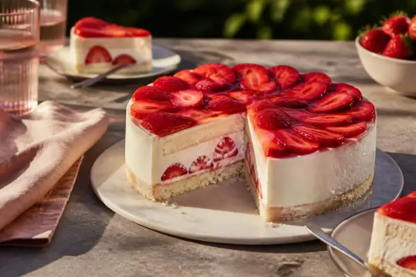 Eine köstliche Erdbeer Mascarpone Torte, üppig belegt mit frischen Erdbeeren und einem Hauch von Gelee. Ein Stück ist bereits angeschnitten.