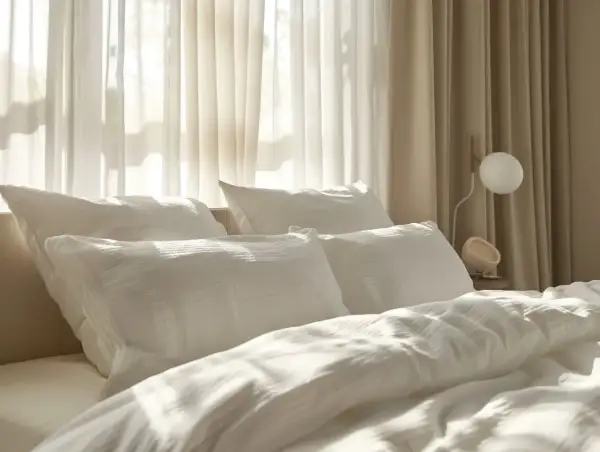 Gemütliches Bett mit weißen Kissen und Decken. Die sanften Falten der Bettwäsche lassen vermuten, dass sie aus einem Material wie Polyester ist, das überraschend warm halten kann.