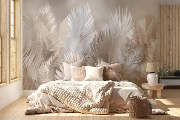 Eleganckie aranżacje sypialni z tapetą w liście paproci tworzą przytulną atmosferę. Miękkie tekstylia i naturalne materiały dopełniają całość.