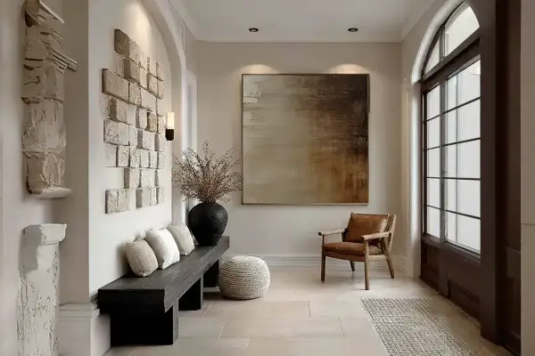 Come valorizzare una parete vuota con un'installazione di mattoni a vista, un quadro astratto e una scultura moderna.