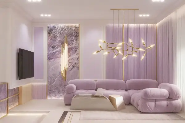 A plush lavender sofa anchors this room, embodying a serene lavender color aesthetic. Marble accents and a striking gold chandelier add a touch of luxury.