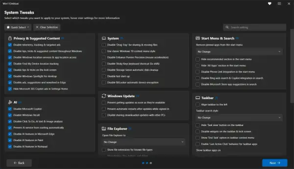 Interfejs programu Windows 11 Debloater z zaznaczonymi opcjami prywatności i AI.