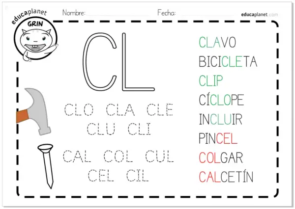 Hoja de trabajo con la letra "CL" y palabras como "clavo", "bicicleta", "clip", "ciclópe", "incluir", "pincel", "colgar", "calcetín". Practica las letras trabadas.