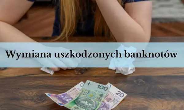 Uszkodzone banknoty 100 i 20 zł leżą na drewnianym stole. Dowiedz się, gdzie wymienić uszkodzony banknot.