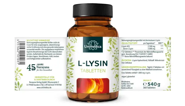 Flasche L-Lysin Tabletten von Unimedica. Die Wirkung von L-Lysin wird hier als Nahrungsergänzungsmittel beworben.
