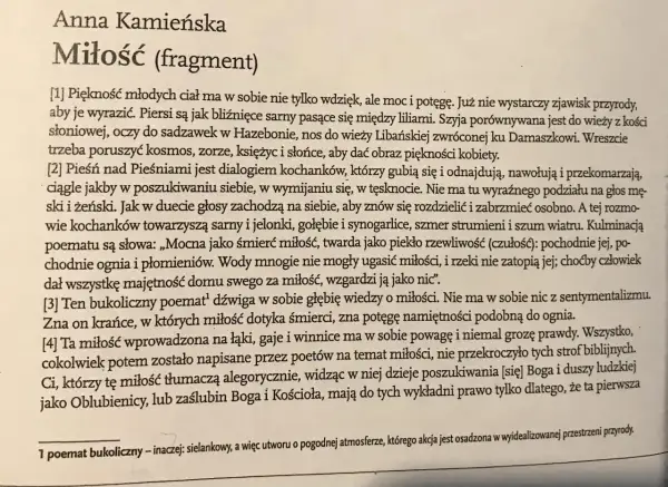 Fragment "Miłości" Anny Kamińskiej. Pieśń nad Pieśniami jako dialog kochanków, opis miłości silnej jak śmierć i ogień.
