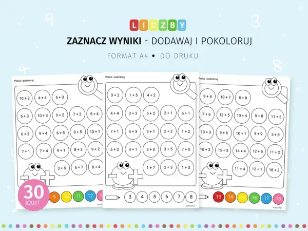Karty pracy z dodawaniem i kolorowankami dla dzieci, z przykładami matematycznymi w kółkach.