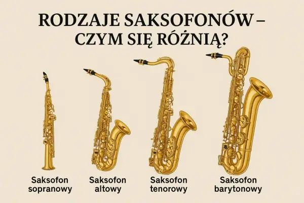 Różne rodzaje saksofonów: sopranowy, altowy, tenorowy i barytonowy, prezentują swoje unikalne kształty i rozmiary.