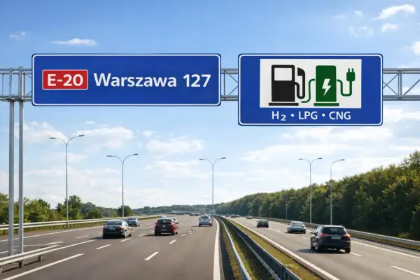 Nowy znak drogowy informuje o stacji paliw z H₂, LPG i CNG. Kierowcy jadący E-20 w stronę Warszawy, 127 km, mają alternatywę.