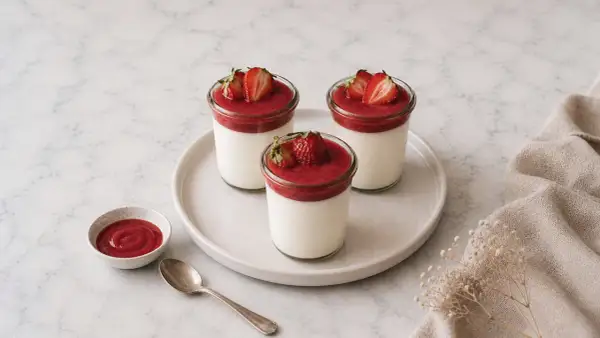 Trois panna cotta crémeux, nappés de coulis de fraises et ornés de fruits frais, sur une assiette avec une petite coupelle de coulis et une cuillère.