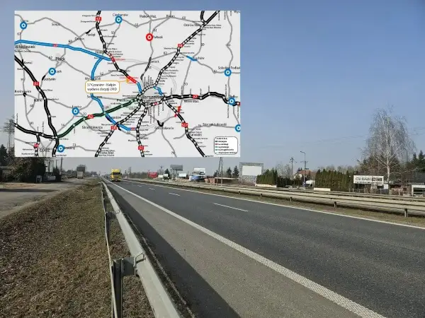 Droga krajowa S7 w pobliżu Warszawy, z widokiem na autostradę i mapę z zaznaczonym przebiegiem trasy.