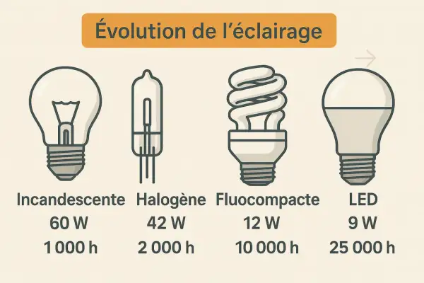 Comparaison visuelle de l'évolution de l'éclairage : ampoule incandescente, halogène, fluocompacte et LED, montrant la différence ampoule halogène et LED en termes de consommation et durée de vie.