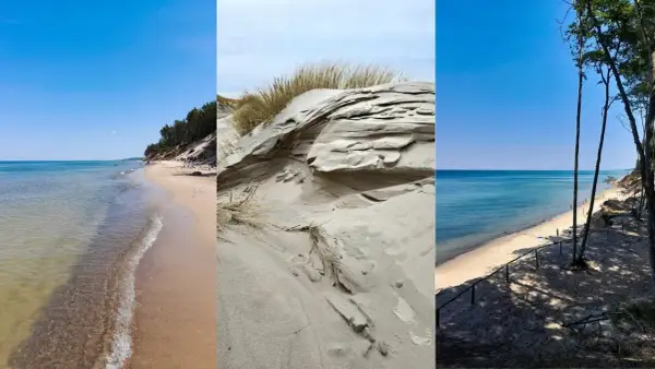 Trzy ujęcia dzikich plaż nad Bałtykiem: piaszczyste wydmy, spokojne morze i lasy porastające klify.