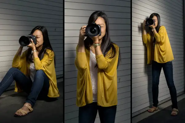 A woman demonstrates how to hold a camera in three poses: sitting, standing, and leaning against a wall.