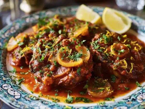 En tallrik med mustig osso buco, garnerad med citron och persilja.
