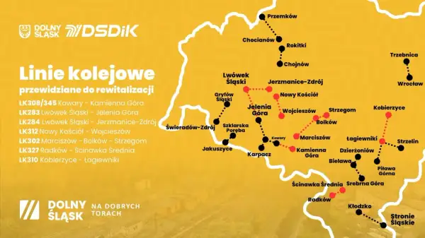 Mapa kolejowa Dolnego Śląska z liniami do rewitalizacji. Odkryj ciekawe miejsca Dolny Śląsk i zaplanuj podróż!