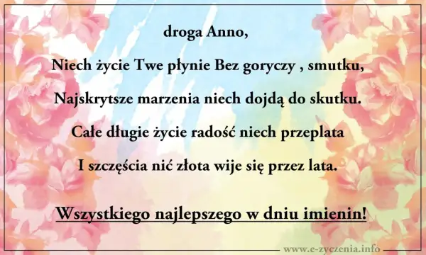 Wiersz z życzeniami dla Anny z okazji imienin. Tło zdobią akwarelowe róże.
