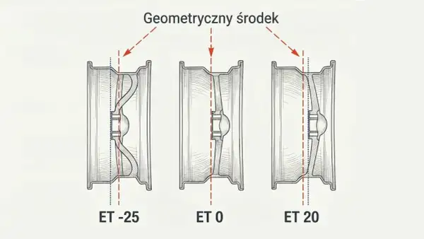 Ilustracja porównuje trzy felgi z różnym et: ET -25, ET 0 i ET 20. Pokazuje, jak zmienia się położenie geometrycznego środka felgi względem jej płaszczyzny montażowej.