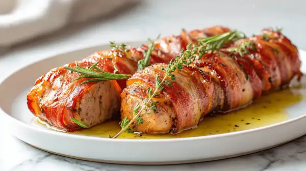 Saftiges Schweinefilet im Speckmantel, goldbraun gebraten, mit Rosmarin und Thymian garniert, serviert in einer leichten Sauce.