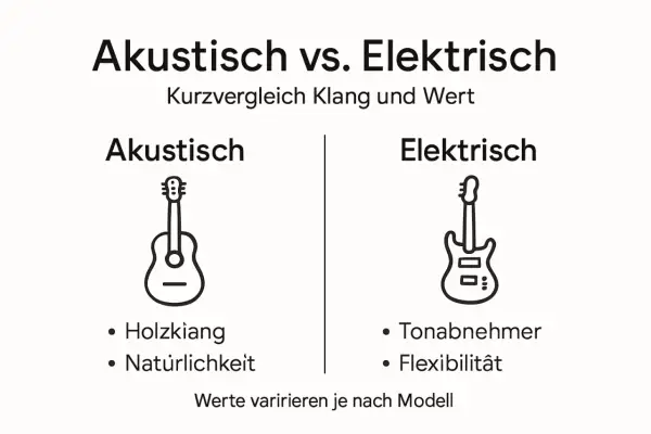 Vergleich von Akustik- und E-Gitarren. Was ist eine Gitarre? Akustische Gitarren bieten Holzklang, elektrische Gitarren Tonabnehmer.