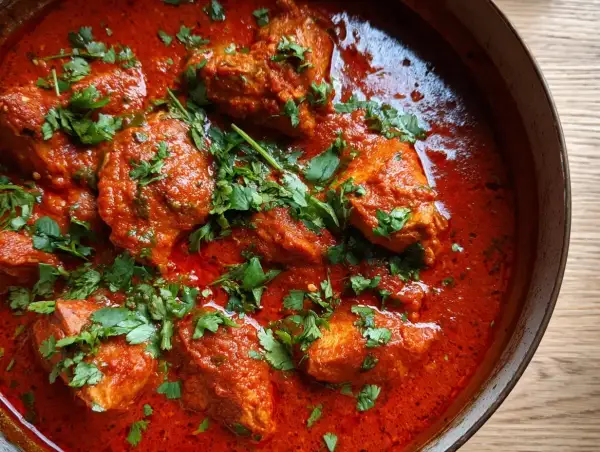 En gryta med saftig tandoori kyckling i en krämig, röd sås, toppad med färsk koriander. Perfekt för ett gott tandoori kyckling recept.