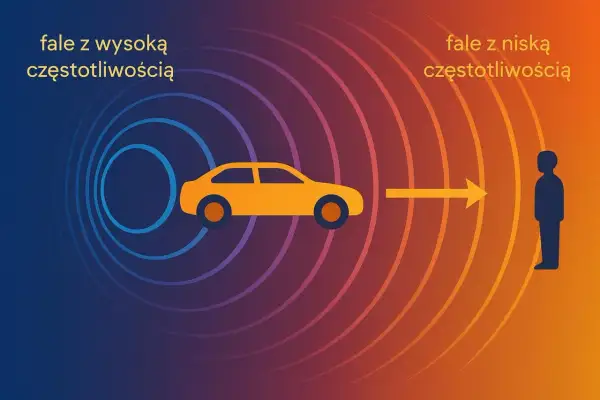 Samochód emituje fale o wysokiej częstotliwości z przodu i niskiej z tyłu, ilustrując efekt Dopplera.