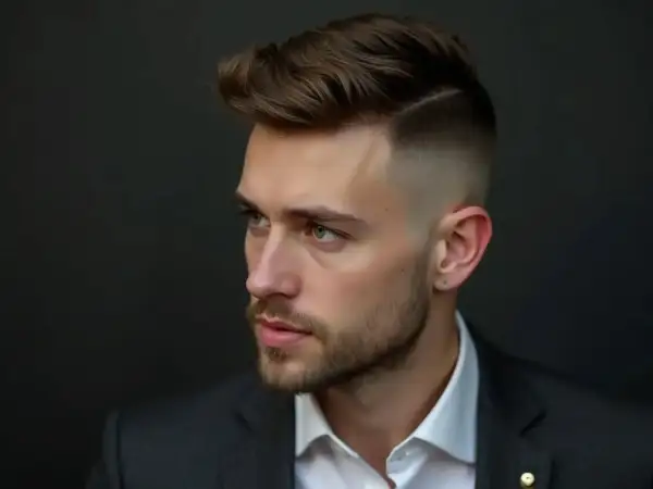 Hombre con moderno peinado, corte degradado y tupé. Un estilo que define los peinados hombre actuales.