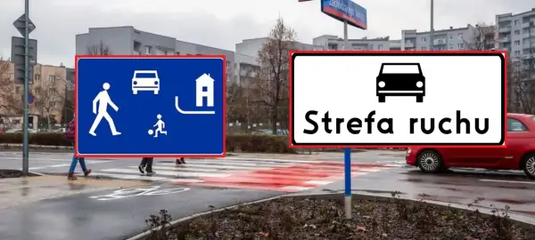 Znak D52 informuje o strefie zamieszkania, gdzie piesi mają pierwszeństwo. Obok znak "Strefa ruchu" z samochodem.