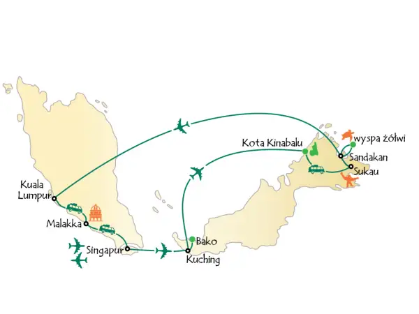 Mapa podróży po Borneo, największej wyspie Azji, z zaznaczonymi miastami: Kuala Lumpur, Malakka, Singapur, Bako, Kuching, Kota Kinabalu, Sandakan, Sukau i Wyspa Żółwi.