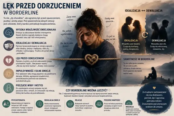 Kobieta z sercem z liny, symbolizująca lęk przed odrzuceniem w borderline. Obraz opisuje trudności w relacjach, idealizację i dewaluację partnera, impulsywność i samotność.