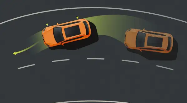 Dos coches naranjas en una curva. Uno, con ASR auto, se desliza ligeramente, indicado por una flecha amarilla.