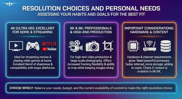 Choosing the right tv resolution: 4K for home streaming & gaming, 6K/8K for professionals. Consider hardware & content availability.