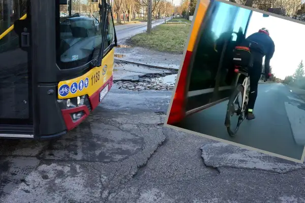 Łódź - Poddębice trasa: rowerzysta jedzie obok autobusu, a droga jest w fatalnym stanie.
