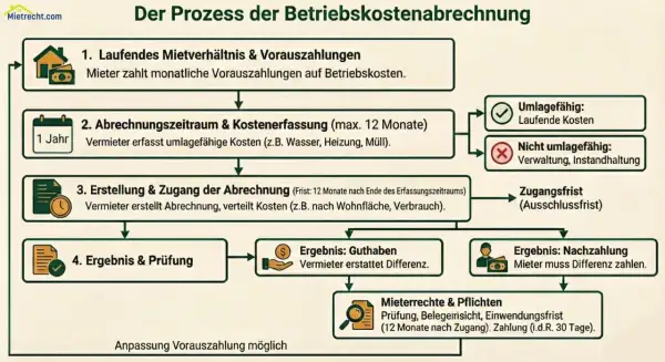 Ablauf der Betriebskostenabrechnung: Nachzahlung möglich, wenn Mieter Differenz zahlen muss.