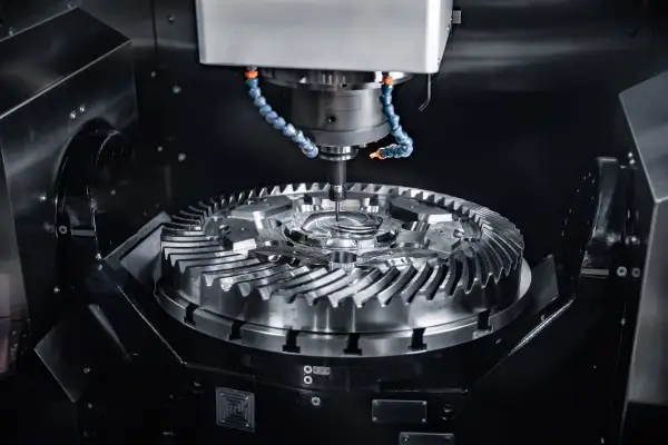 Precyzyjna obróbka metalu na maszynie CNC. Wiertło precyzyjnie kształtuje skomplikowany element, pokazując, co to jest CNC.