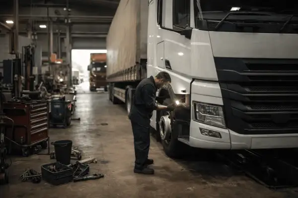 Un mécanicien inspecte un camion poids lourd blanc dans un atelier. Il utilise une lampe torche pour examiner le pneu, assurant ainsi le bon fonctionnement du meilleur camion poids lourd.