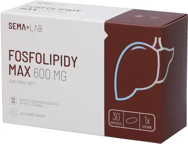 Opakowanie suplementu diety "Fosfolipidy MAX 600 mg" od SEMA LAB. Zawiera 600 mg fosfolipidów sojowych w porcji dziennej.
