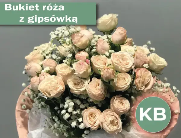 Delikatny bukiet róż w odcieniach kremu i brzoskwini, ozdobiony gipsówką. Idealne kwiaty na ślub w prezencie, symbolizujące miłość i czystość.