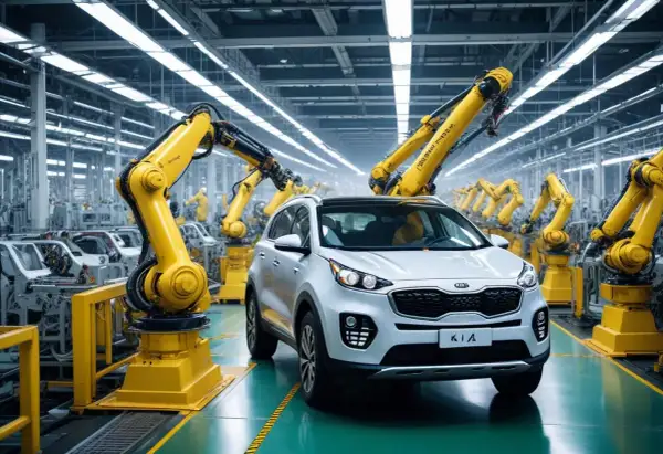 En vit Kia Sportage på ett modernt bilfabriksgolv, omgiven av gula robotarmar. Här byggs bilar, men var kommer Kia ifrån?
