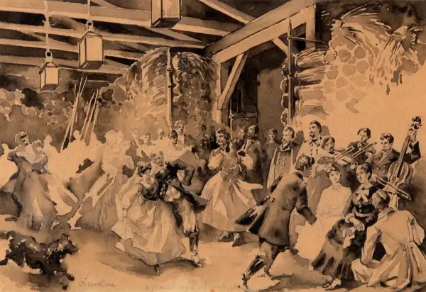 Bal w dworku, tańczący ludzie, muzyka na żywo. Scena jak z epoki "Gloria victis", pełna życia i radości.